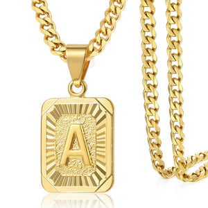 Stainless Steel Gold Link Chain With Square Letter Pendant