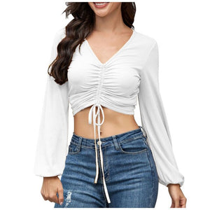 Open image in slideshow, Long Sleeved V-Neck Crop Top
